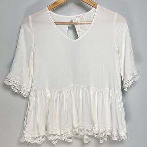 Sadie & Sage Anthropologie White Babydoll Ruffle Top Cutout Lace Cottagecore S